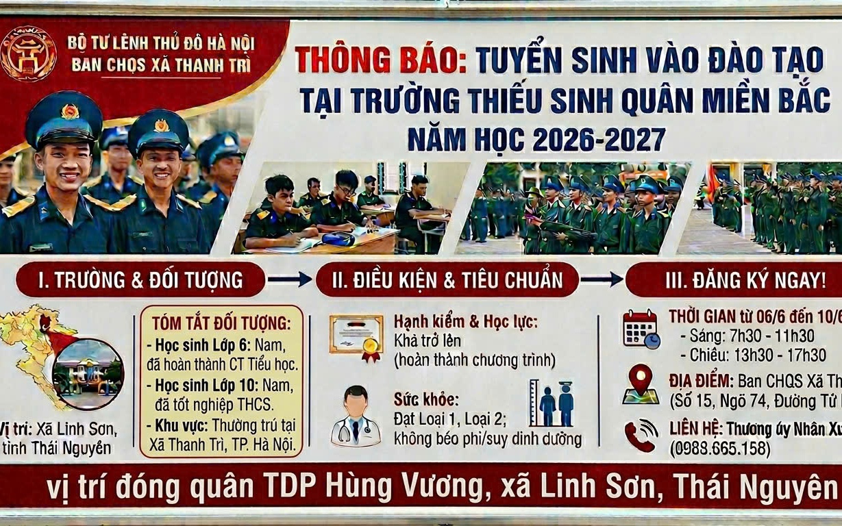 Tuyển sinh vào đào tạo tại Trường Thiếu sinh quân miền Bắc năm học 2026-2027