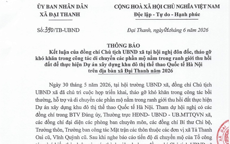 Thông báo số 390/TB-UBND ngày 01/6/2026 của UBND xã Đại Thanh