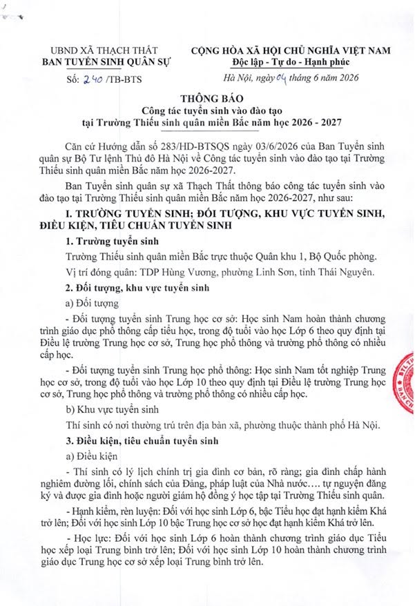 Thông báo Công tác tuyển sinh vào đào tạo tại Trường Thiếu sinh quân miền Bắc năm học 2026 - 2027- Ảnh 1.