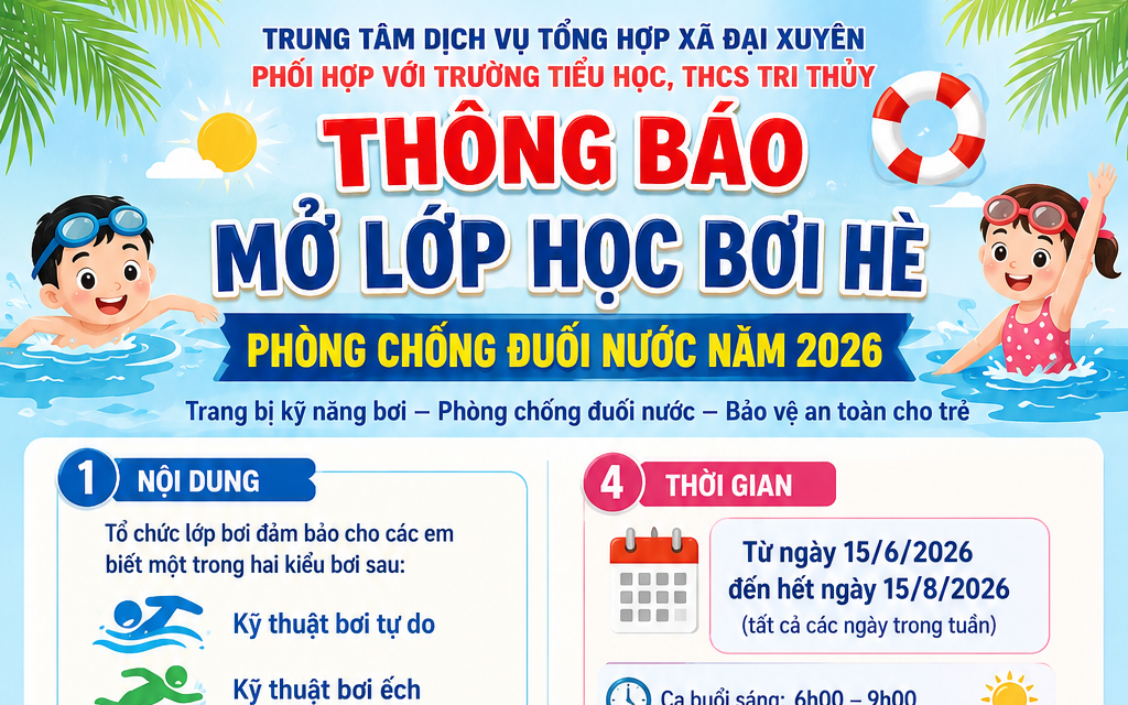THÔNG BÁO MỞ LỚP HỌC BƠI HÈ PHÒNG CHỐNG ĐUỐI NƯỚC NĂM 2026