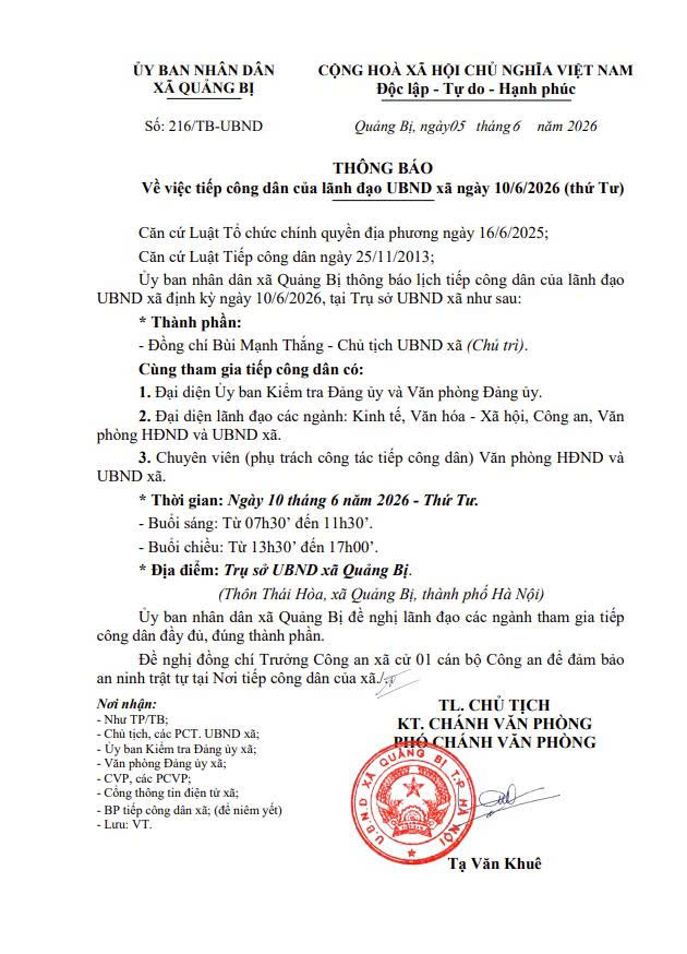 Lịch tiếp công dân của Lãnh đạo UBND xã ngày 10/6/2026 (Thứ Tư)- Ảnh 1.
