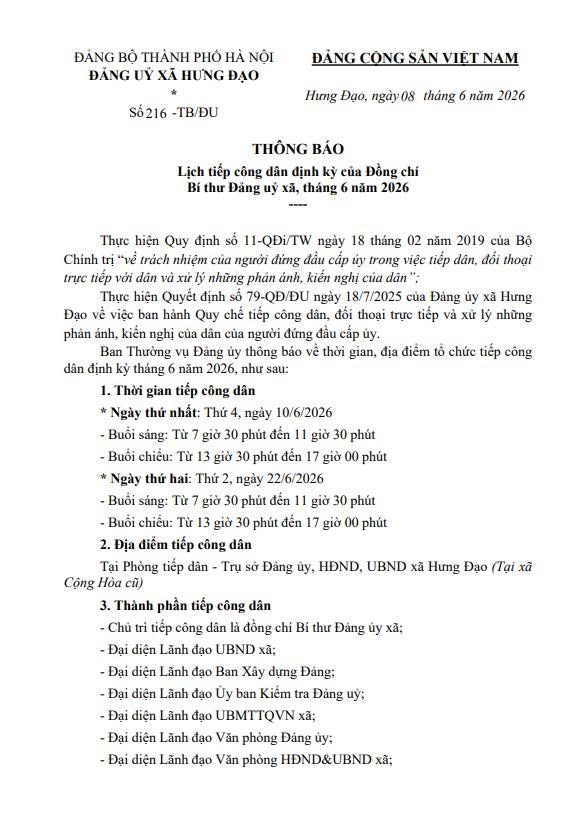 THÔNG BÁO
Lịch tiếp công dân định kỳ của Đồng chí Bí thư Đảng uỷ xã, tháng 6 năm 2026- Ảnh 1.