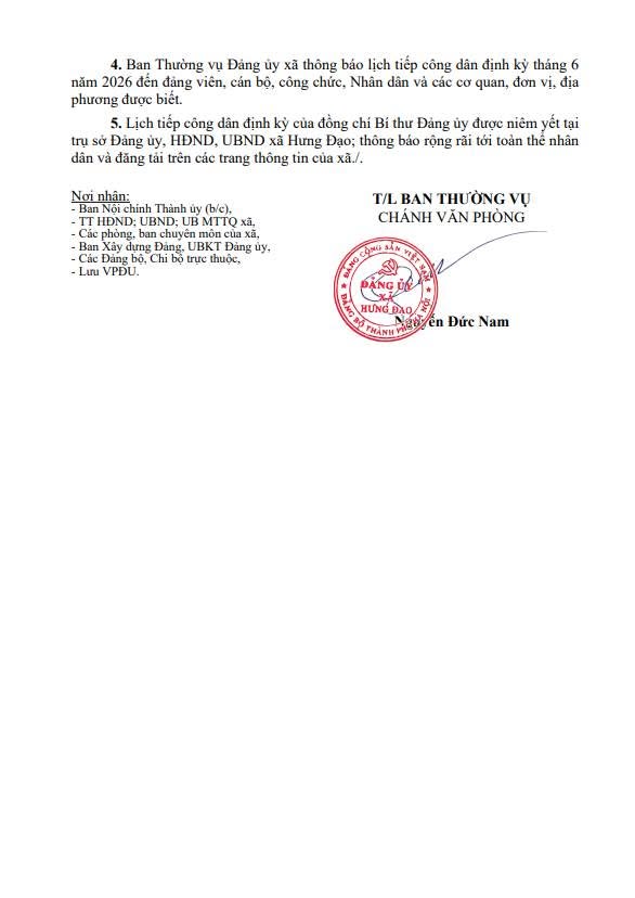 THÔNG BÁO
Lịch tiếp công dân định kỳ của Đồng chí Bí thư Đảng uỷ xã, tháng 6 năm 2026- Ảnh 2.