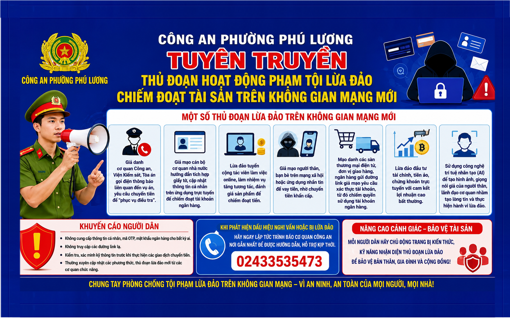 Công an phường Phú Lương tuyên truyền thủ đoạn hoạt động phạm tội lừa đảo chiếm đoạt tài sản trên không gian mạng mới