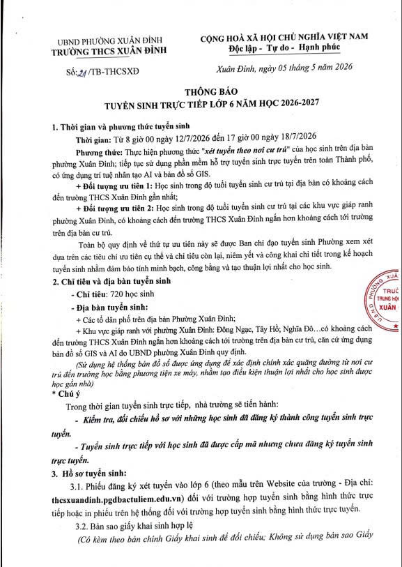 Phường Xuân Đỉnh thông báo tuyển sinh lớp 6 năm học 2026 - 2027 bằng hình thức trực tuyến và trực tiếp- Ảnh 2.
