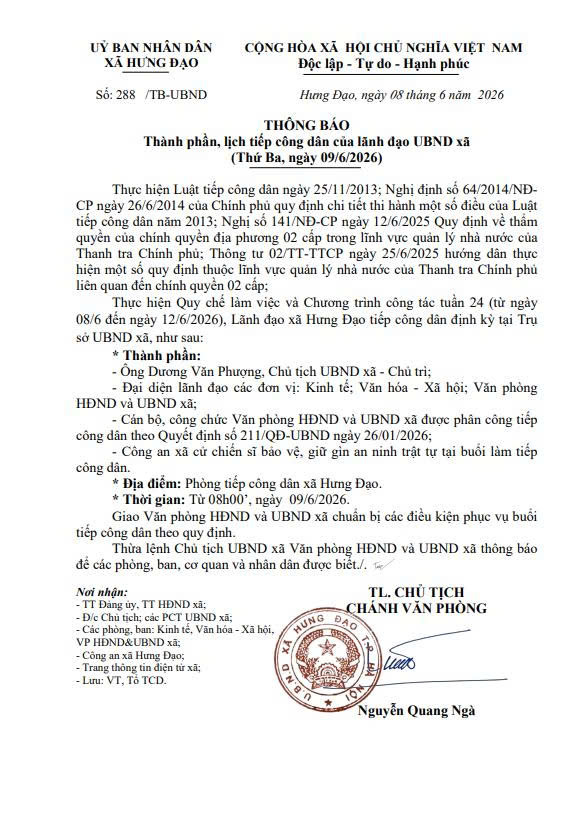 THÔNG BÁO
Thành phần, lịch tiếp công dân của lãnh đạo UBND xã
(Thứ Ba, ngày 09/6/2026)- Ảnh 1.