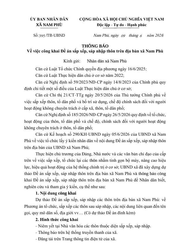 Thông báo số 395/TB-UBND ngày 09/5/2026 của UBND xã Nam Phù- Ảnh 1.