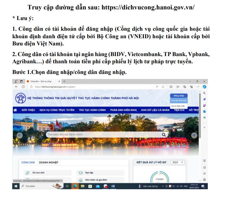 Hướng dẫn thực hiện thủ tục cấp Phiếu lý lịch tư pháp trực tuyến toàn trình qua hệ thống thông tin giải quyết thủ tục hành chính thành phố Hà Nội- Ảnh 1.