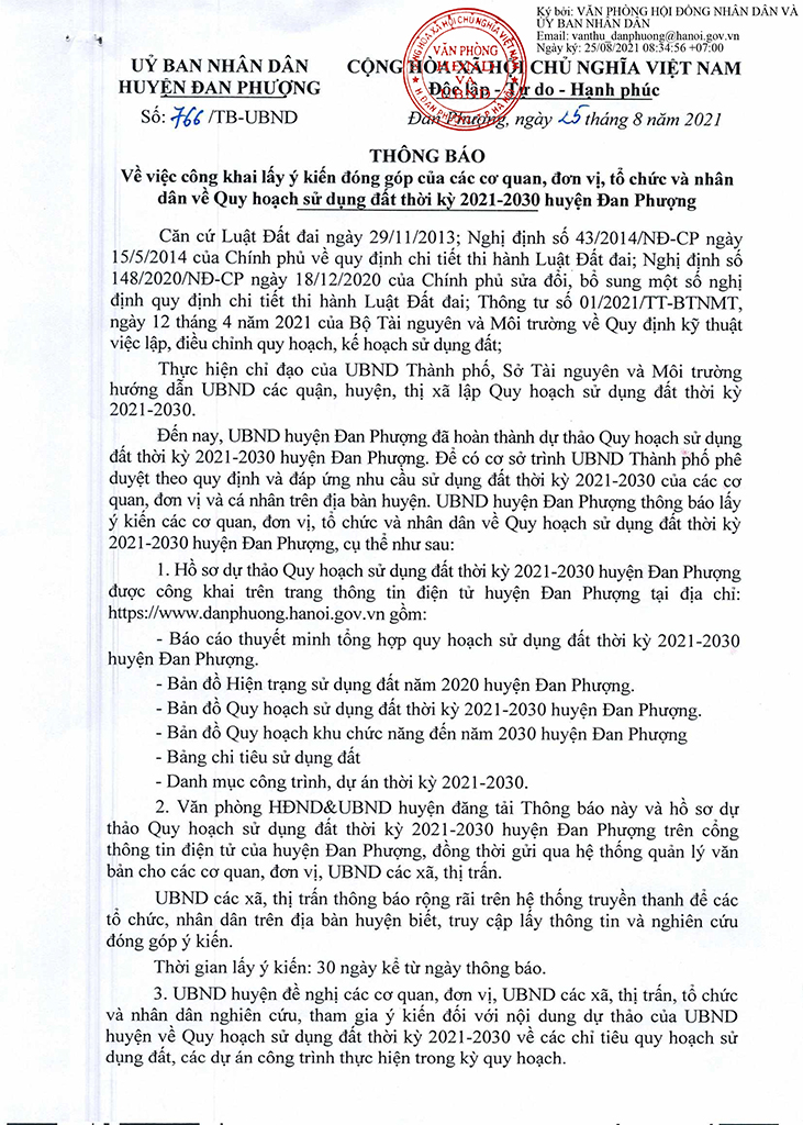 Thông báo công khai lấy ý kiến đóng góp của cơ quan, đơn vị, tổ chức và nhân dân về Quy hoạch sử dụng đất thời kỳ 2021-2030 huyện Đan Phượng