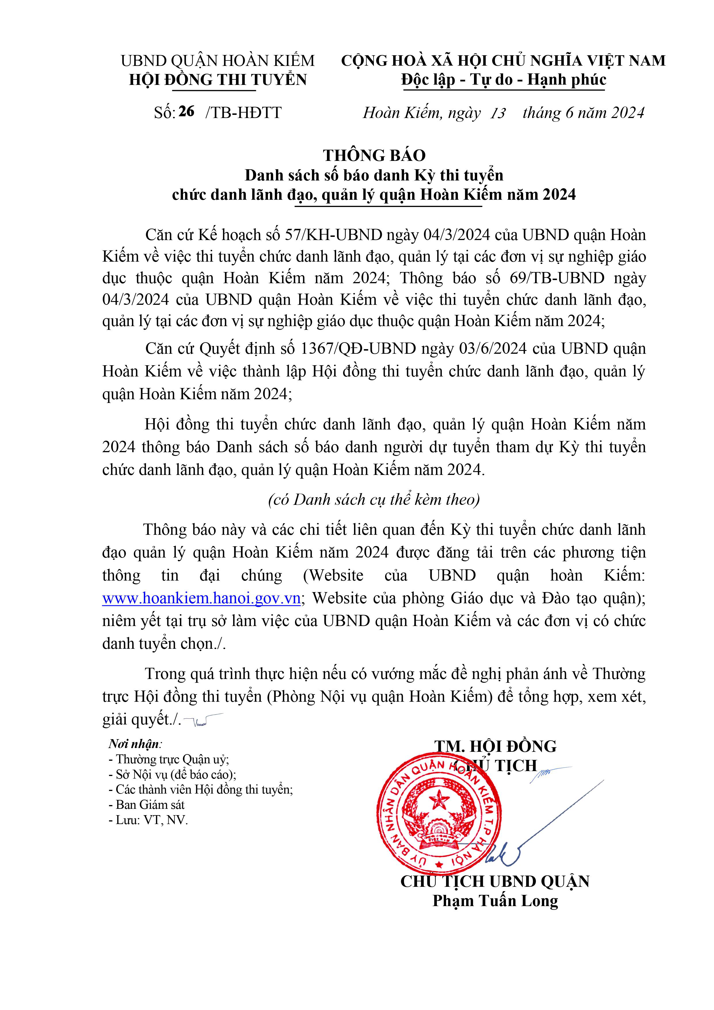 Thông báo danh sách số báo danh Kỳ thi tuyển chức danh lãnh đạo, quản lý quận Hoàn Kiếm năm 2024