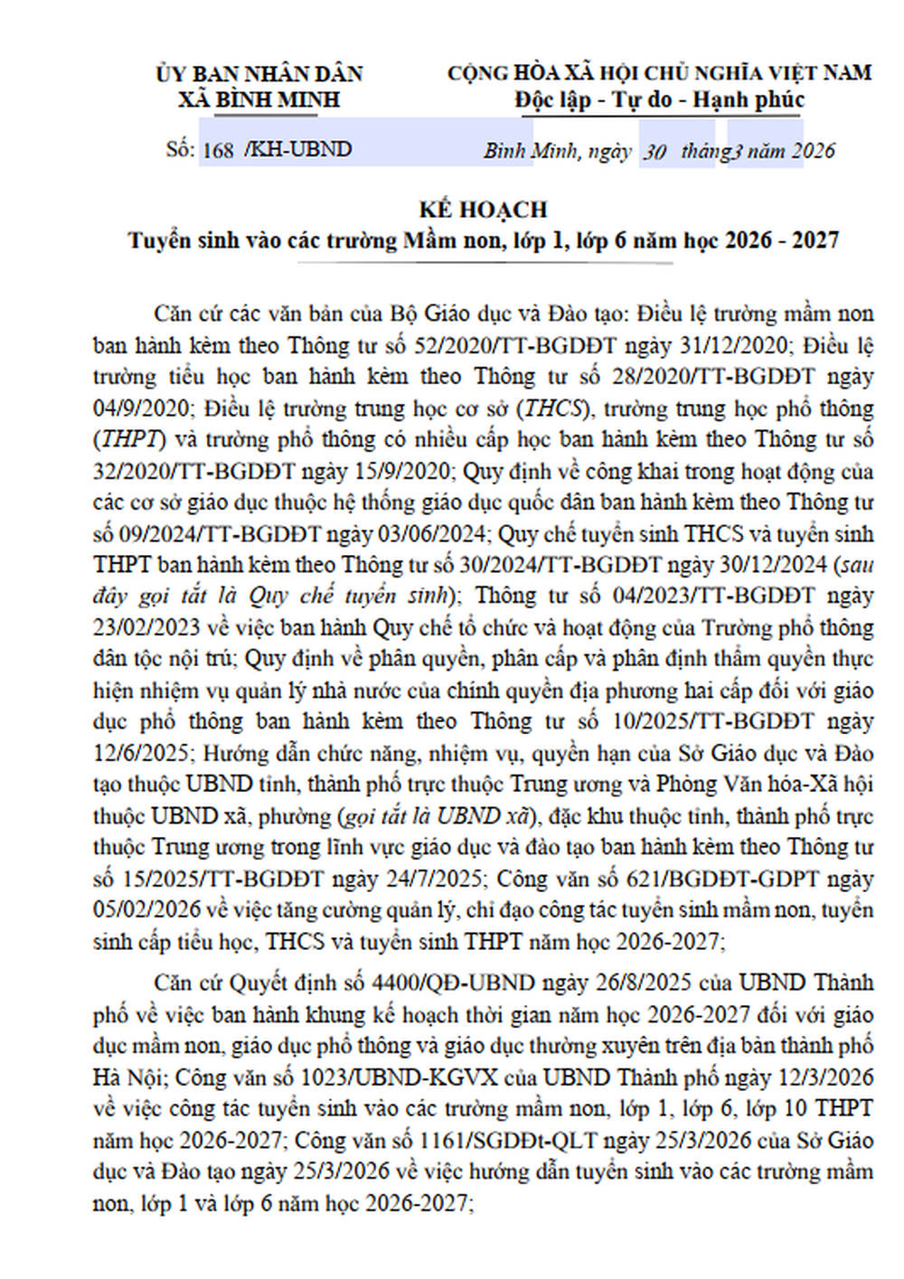 KẾ HOẠCH TUYỂN SINH ĐẦU CẤP NĂM HỌC 2026 - 2027- Ảnh 1.