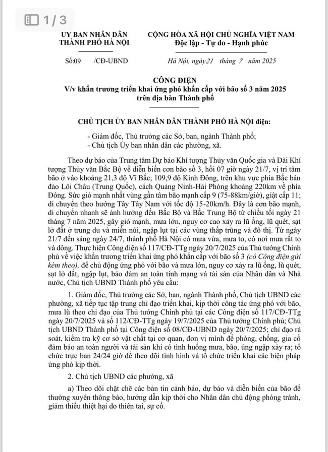 Công điện số 09/CĐ-UBND ngày 21/7/2025 của Chủ tịch UBND thành phố Hà Nội về việc khẩn trương triển khai ứng phó khẩn cấp với bão số 3 năm 2025 trên địa bàn Thành phố- Ảnh 1.