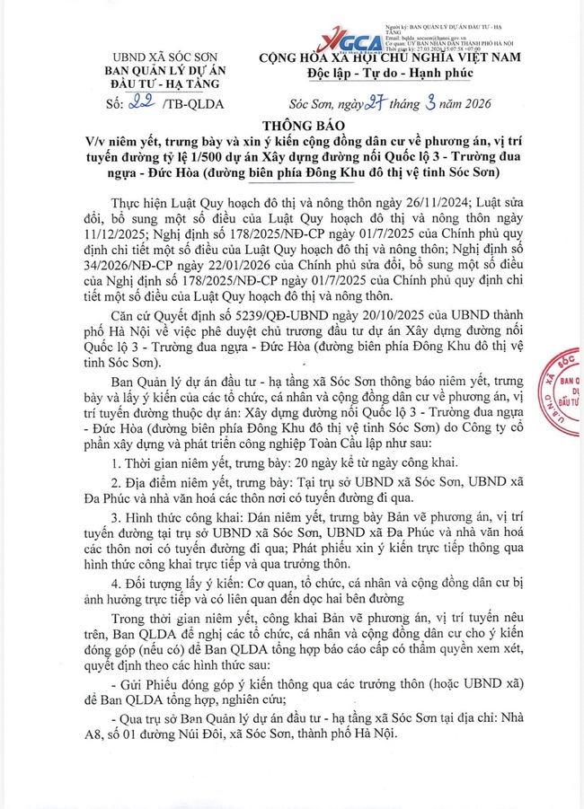 Niêm yếu trưng bày và xin ý kiến cộng đồng dân cư về phương án, vị trí tuyến đường tỷ lệ 1/500 thuộc dự án Quốc lộ 3 - trường đua ngựa - Đức Hoà (đường biên phía Đông KĐT vệ tinh Sóc Sơn)- Ảnh 1.