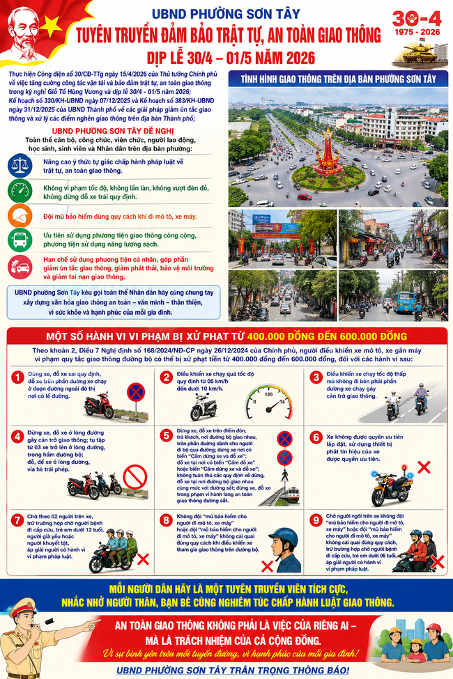 PHƯỜNG SƠN TÂY TĂNG CƯỜNG TUYÊN TRUYỀN, NÂNG CAO Ý THỨC CHẤP HÀNH LUẬT GIAO THÔNG, BẢO ĐẢM AN TOÀN DỊP LỄ 30/4 – 01/5- Ảnh 1.