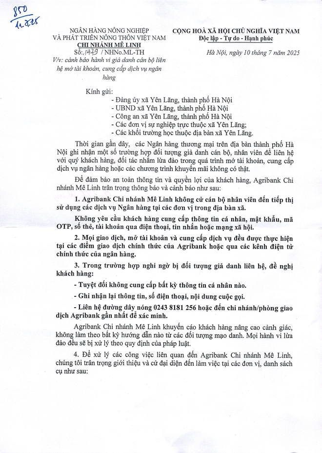 Cảnh báo hành vi giả danh cán bộ liên hệ mở tài khoản, cung cấp dịch vụ ngân hàng.- Ảnh 1.
