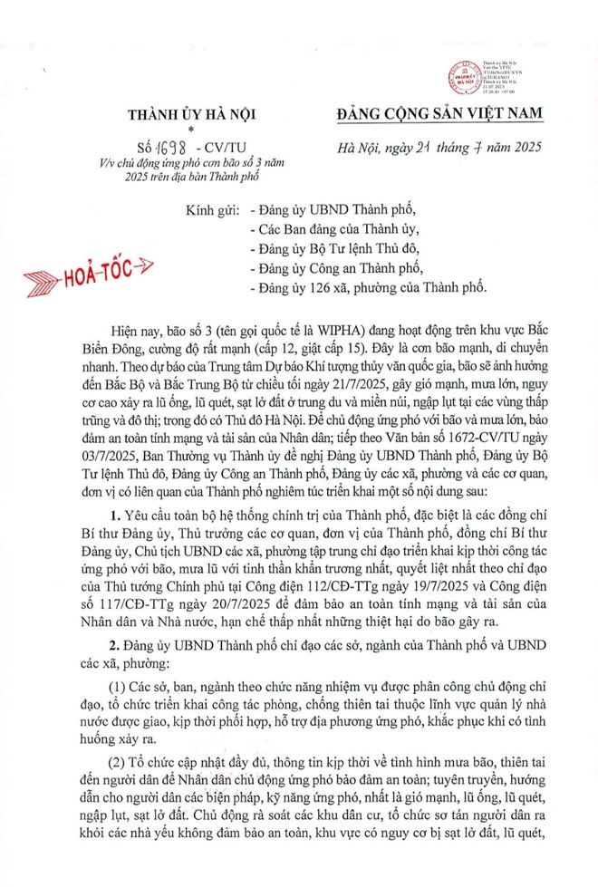THÀNH ỦY HÀ NỘI CHỈ ĐẠO CHỦ ĐỘNG ỨNG PHÓ VỚI CƠN BÃO SỐ 3 NĂM 2025 TRÊN ĐỊA BÀN THÀNH PHỐ- Ảnh 1.