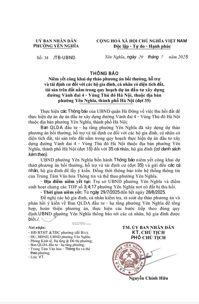THÔNG BÁO NIÊM YẾT CÔNG KHAI DỰ THẢO PHƯƠNG ÁN BTHT ĐỢT 35 (DỰ ÁN ĐTXD ĐƯỜNG VÀNH ĐAI 4)- Ảnh 1.