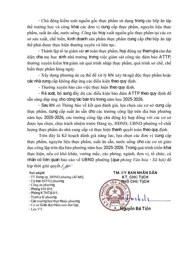 KẾ HOẠCH
Đánh giá năng lực, lựa chọn các đơn vị cung cấp thực phẩm, nguyên liệu thực phẩm, suất ăn sẵn, nước uống cho các cơ sở giáo dục công lập trên địa bàn phường Yên Nghĩa năm học 2025-2026- Ảnh 10.