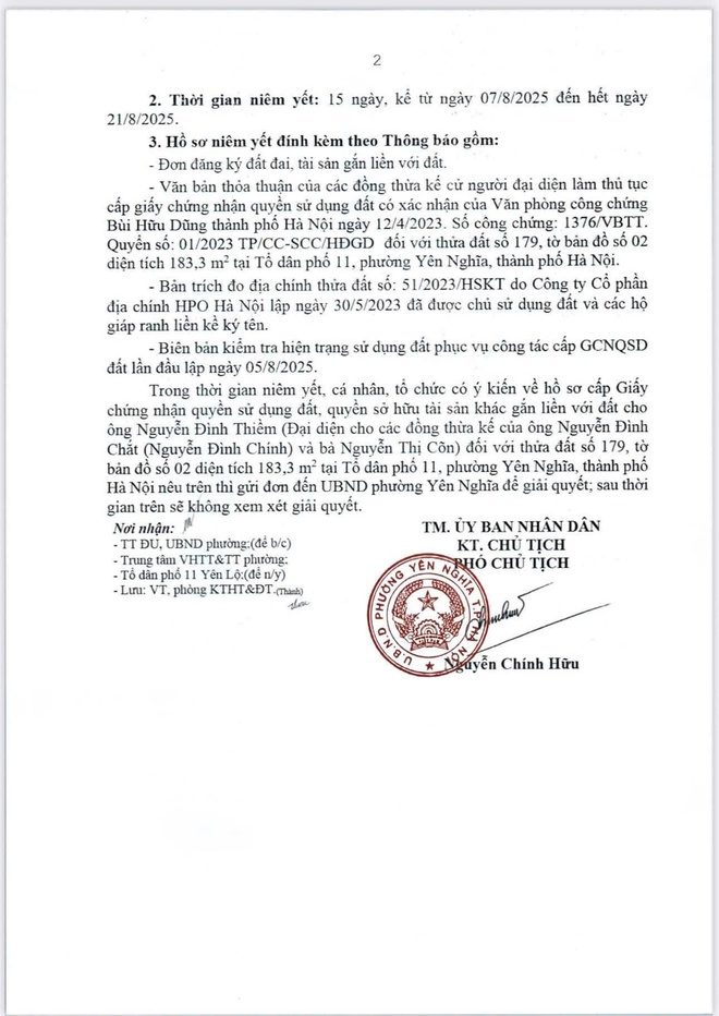 THÔNG BÁO NIÊM YẾT CÔNG KHAI KẾT QUẢ KIỂM TRA HỒ SƠ CẤP GCNQSDĐ CỦA ÔNG NGUYỄN ĐÌNH THIỀM TẠI TDP 11Y PHƯỜNG YÊN NGHĨA- Ảnh 2.