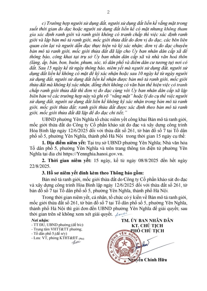 THÔNG BÁO NIÊM YẾT CÔNG KHAI BẢN MÔ TẢ RANH GIỚI, MỐC GIỚI THỬA ĐẤT TẠI TDP 5, PHƯỜNG YÊN NGHĨA- Ảnh 2.