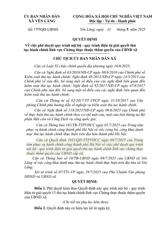 THÔNG BÁO CÔNG KHAI QUYẾT ĐỊNH VỀ VIỆC PHÊ DUYỆT QUY TRÌNH NỘI BỘ - QUY TRÌNH ĐIỆN TỬ GIẢI QUYẾT THỦ TỤC HÀNH CHÍNH LĨNH VỰC CHỨNG THỰC THUỘC THẨM QUYỀN CỦA UBND XÃ- Ảnh 1.