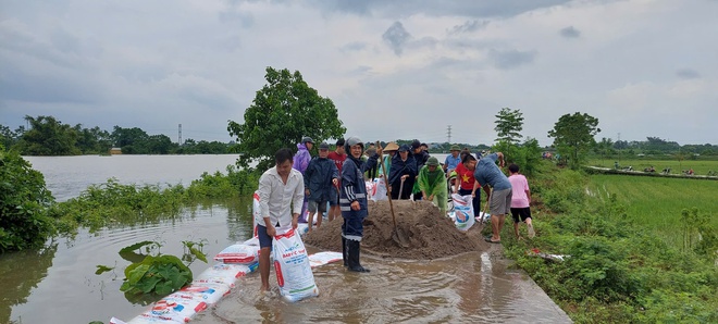 Phú Nghĩa tiếp tục huy động lực lượng Dân quân tự vệ và Nhân dân đắp bao tải chống tràn đoạn để Bối tả Tích thôn Quyết Hạ và đê tả Bùi đoạn thôn Trung Hoàng- Ảnh 2.