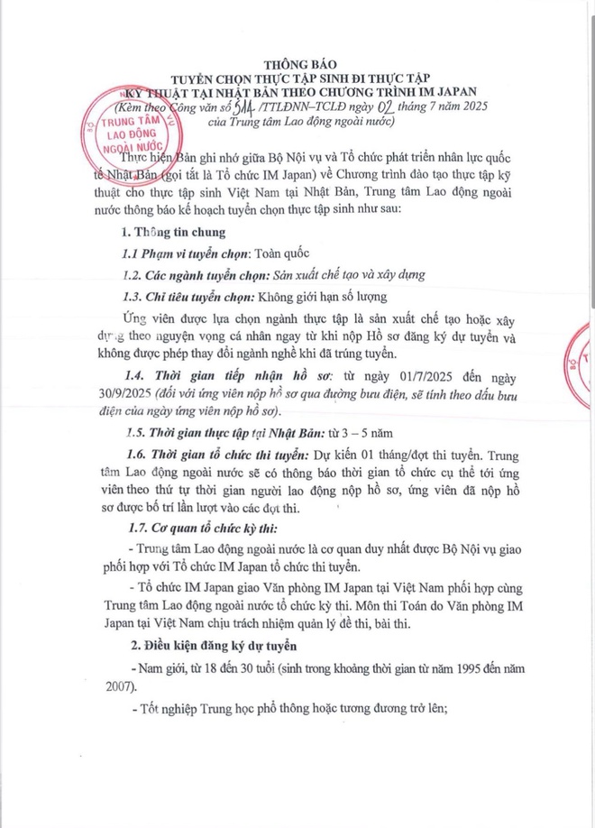 THÔNG BÁO KẾ HOẠCH TUYỂN CHỌN THỰC TẬP SINH ĐI THỰC TẬP KỸ THUẬT TẠI NHẬT BẢN- Ảnh 1.