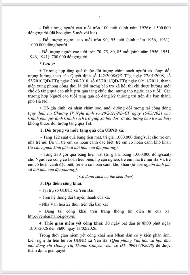 Thông báo niêm yết công khai danh sách tiêu chuẩn, điều kiện, mức quà tết của UBND thành phố Hà Nội, UBND xã Yên Bài đối với đối tượng BTXH, NCT, TE có hoàn cảnh khó khăn nhân dịp tết Nguyên đán Bính ngọ năm 2026- Ảnh 2.