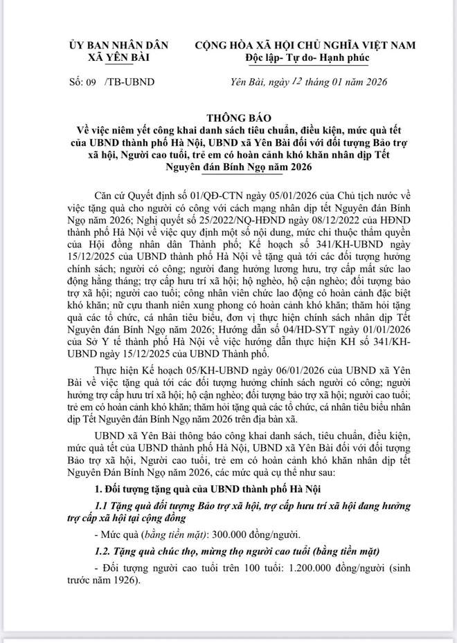Thông báo niêm yết công khai danh sách tiêu chuẩn, điều kiện, mức quà tết của UBND thành phố Hà Nội, UBND xã Yên Bài đối với đối tượng BTXH, NCT, TE có hoàn cảnh khó khăn nhân dịp tết Nguyên đán Bính ngọ năm 2026- Ảnh 1.