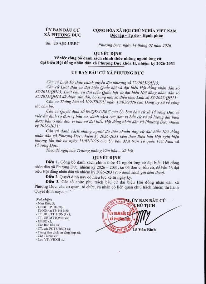 UỶ BAN BẦU CỬ XÃ PHƯỢNG DỰC CÔNG BỐ DANH SÁCH CHÍNH THỨC NHỮNG NGƯỜI ỨNG CỬ ĐẠI BIỂU HĐND XÃ PHƯỢNG DỰC KHÓA II, NHIỆM KỲ 2026 – 2031- Ảnh 1.