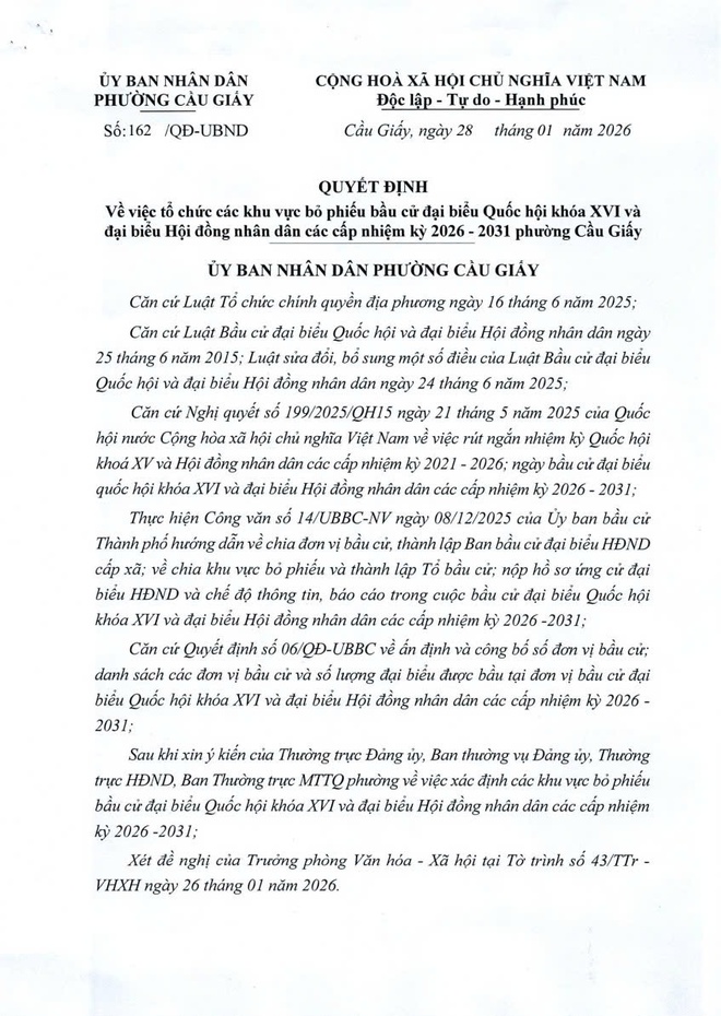 Phường Cầu Giấy: Thông tin về các khu vực bỏ phiếu, niêm yết danh sách cử tri và địa điểm niêm yết danh sách cử tri bầu cử đại biểu Quốc hội khóa XVI và đại biểu HĐND các cấp nhiệm kỳ 2026 - 2031- Ảnh 1.