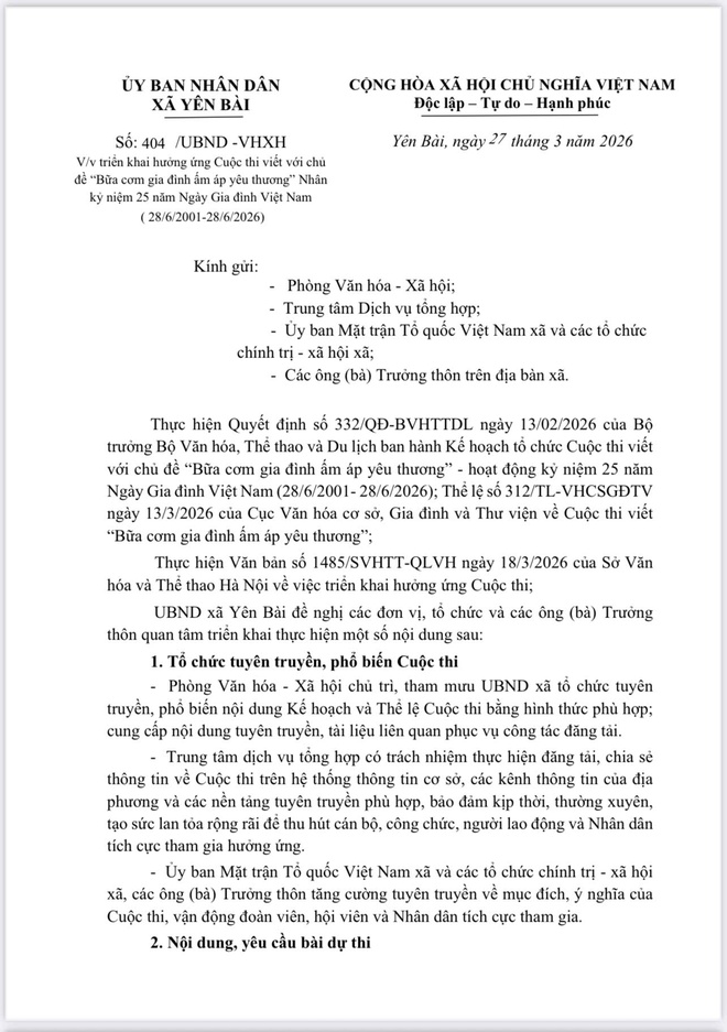 UBND xã Yên Bài triển khai hưởng ứng Cuộc thi viết với chủ đề " Bữa cơm gia đình ấm áp yêu thương" nhân kỷ niệm 25 năm Ngày Gia đình Việt Nam ( 28/06/2001 - 28/06/2026)- Ảnh 1.