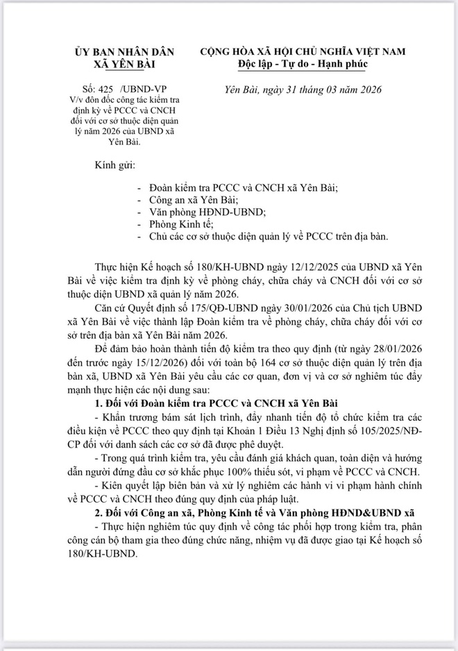 UBND xã Yên Bài đôn đốc công tác kiểm tra định kỳ về PCCC và CNCH đối với cơ sở thuộc diện quản lý năm 2026 của UBND xã- Ảnh 1.