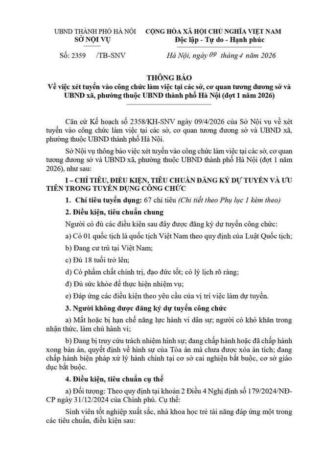 Thông báo xét tuyển công chức đợt 1 năm 2026 Thành phố Hà Nội- Ảnh 1.