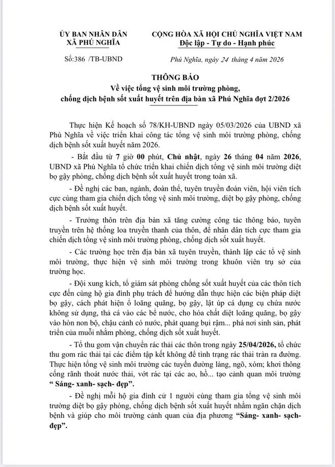 Thông báo tổng vệ sinh môi trường phòng, chống sốt xuất huyết đợt 2 năm 2026 - Ảnh 1.