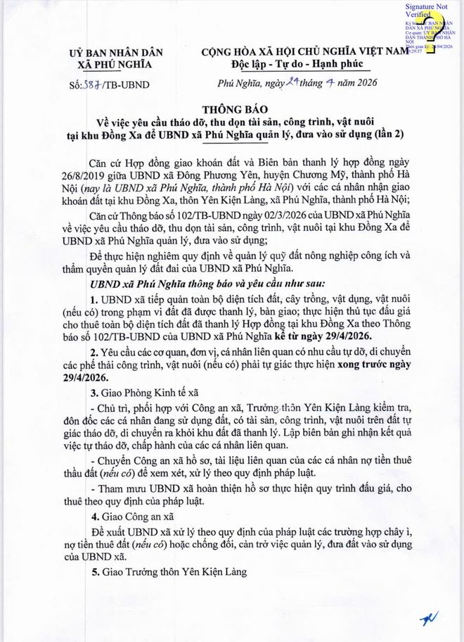 Thông báo của UBND xã Phú Nghĩa về việc yêu cầu tháo dỡ, thu dọn tài sản, công trình, vật nuôi tại khu Đồng Xa (lần 2)- Ảnh 1.