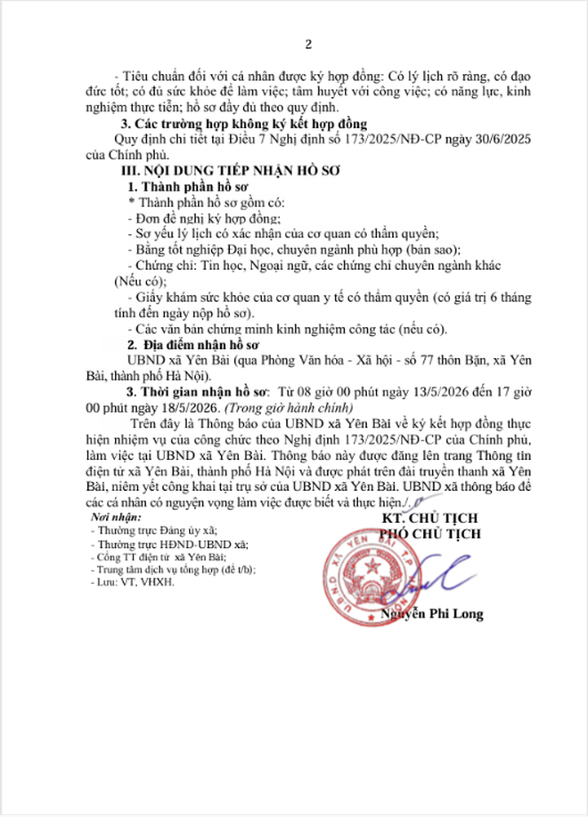 Về việc tiếp tục tiếp nhận hồ sơ ký kết hợp đồng thực hiện nhiệm vụ của công chức theo Nghị định 173/2025/NĐ-CP của Chính phủ, làm việc tại UBND xã Yên Bài - Ảnh 2.