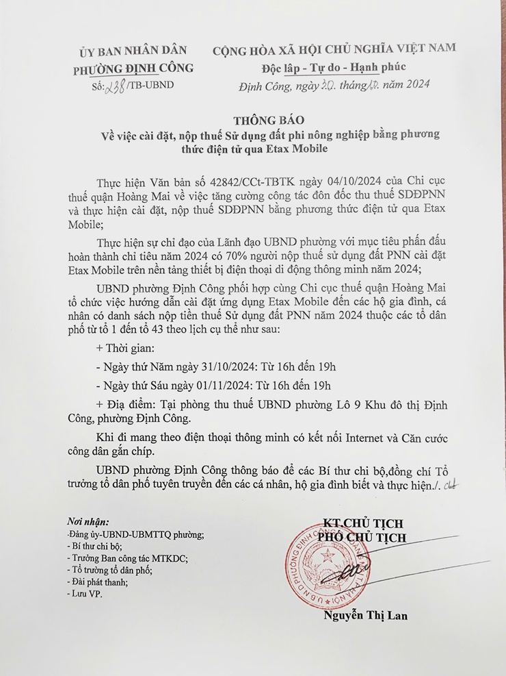 Thông báo của UBND phường Định Công về việc cài đặt, nộp thuế sử dụng đất phi nông nghiệp bằng phương thức điện tử qua Etax mobile- Ảnh 1.