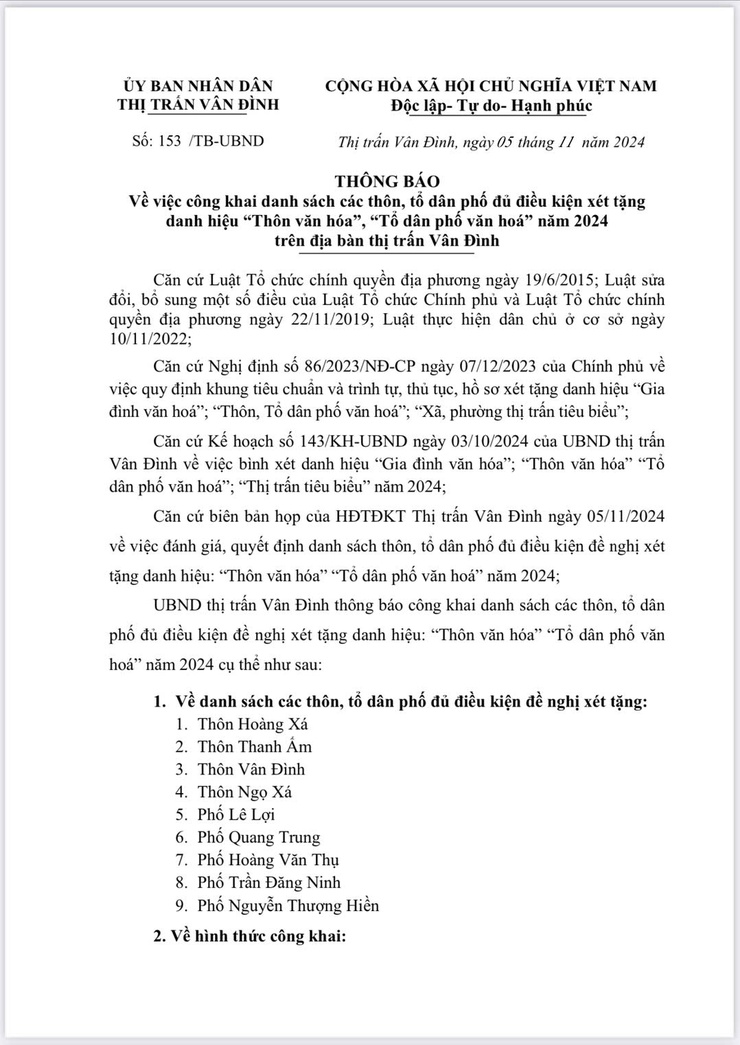 THÔNG BÁO VỀ VIỆC CÔNG KHAI DANH SÁCH CÁC THÔN, TỔ DÂN PHỐ ĐỦ ĐIỀU KIỆN XÉT TẶNG DANH HIỆU “THÔN VĂN HÓA”, “TỔ DÂN PHỐ VĂN HOÁ” NĂM 2024 TRÊN ĐỊA BÀN THỊ TRẤN VÂN ĐÌNH- Ảnh 1.