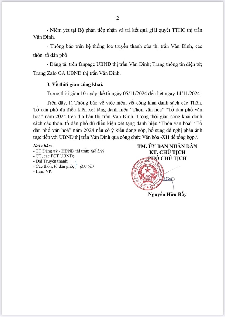 THÔNG BÁO VỀ VIỆC CÔNG KHAI DANH SÁCH CÁC THÔN, TỔ DÂN PHỐ ĐỦ ĐIỀU KIỆN XÉT TẶNG DANH HIỆU “THÔN VĂN HÓA”, “TỔ DÂN PHỐ VĂN HOÁ” NĂM 2024 TRÊN ĐỊA BÀN THỊ TRẤN VÂN ĐÌNH- Ảnh 2.