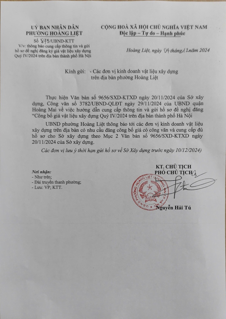 Công văn số 875/UBND-KT ngày 04/12/2024 về việc thông báo cung cấp thông tin và gửi hồ sơ đề nghị đăng ký giá vật liệu xây dựng quý IV/2024 trên địa bàn thành phố Hà Nội- Ảnh 1.