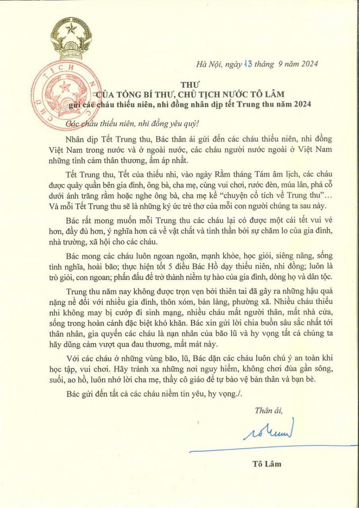 Tổng Bí thư, Chủ tịch nước Tô Lâm gửi thư chúc Tết Trung thu cho các cháu thiếu niên, nhi đồng- Ảnh 1.