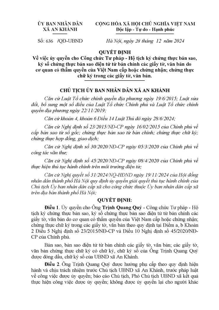 Thông báo về việc ủy quyền cho Công chức Tư pháp - Hộ tịch và giới thiệu mẫu chữ ký, mẫu con dấu- Ảnh 1.