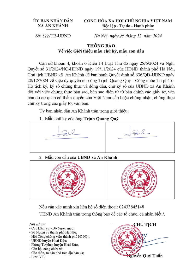 Thông báo về việc ủy quyền cho Công chức Tư pháp - Hộ tịch và giới thiệu mẫu chữ ký, mẫu con dấu- Ảnh 3.