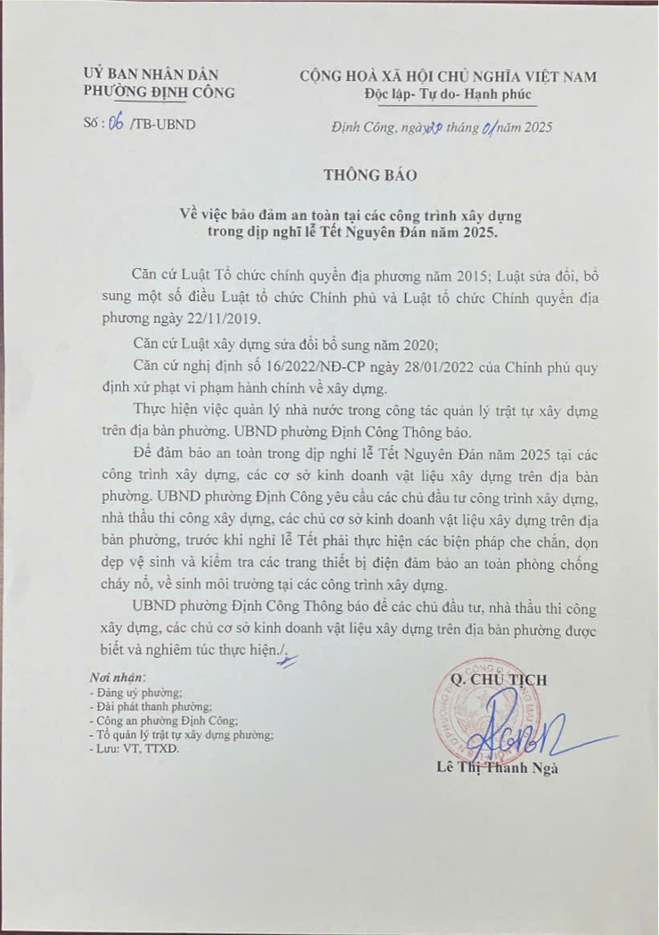 Thông báo của UBND phường Định Công về việc đảm bảo an toàn tại các công trình xây dựng dịp Tết 2025- Ảnh 1.