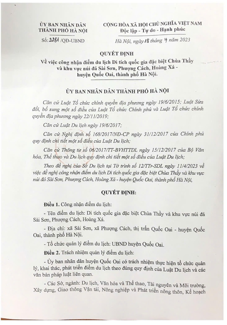 QUYẾT ĐỊNH VỀ VIỆC CÔNG NHẬN ĐIỂM DU LỊCH DI TÍCH QUỐC GIA CHÙA THẦY- Ảnh 1.