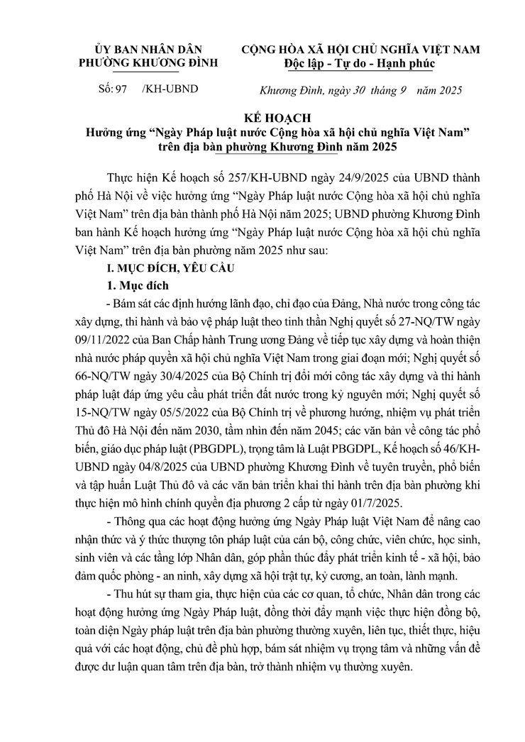 Kế hoạch Hưởng ứng “Ngày Pháp luật nước Cộng hòa xã hội chủ nghĩa Việt Nam” trên địa bàn phường Khương Đình năm 2025- Ảnh 1.