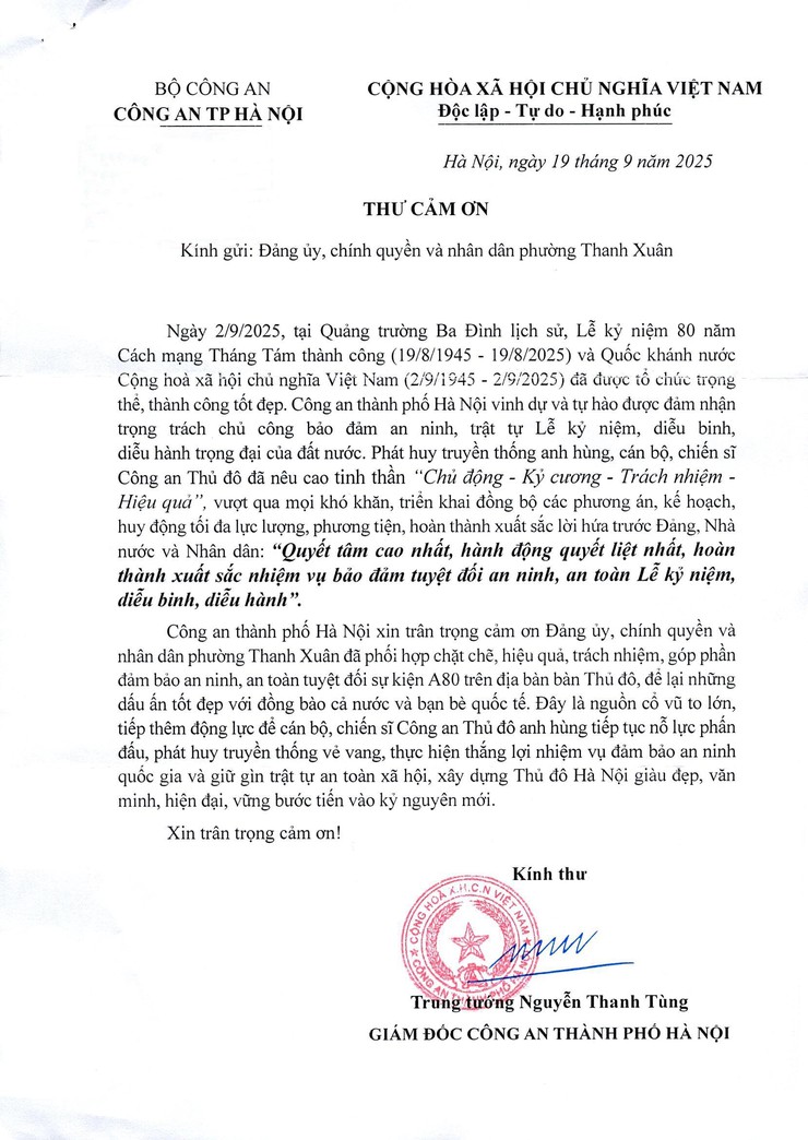 Thư cảm ơn của Công an thành phố Hà Nội- Ảnh 1.