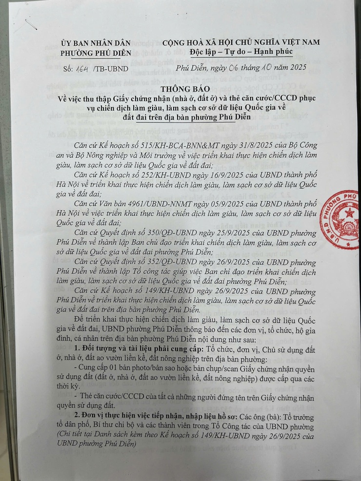 Thông báo về việc thu thập Giấy chứng nhận (nhà ở, đất ở) và thẻ căn cước/CCCD phục vụ chiến dịch làm giàu, làm sạch cơ sở dữ liệu Quốc gia về đất đai trên địa bàn phường Phú Diễn- Ảnh 1.