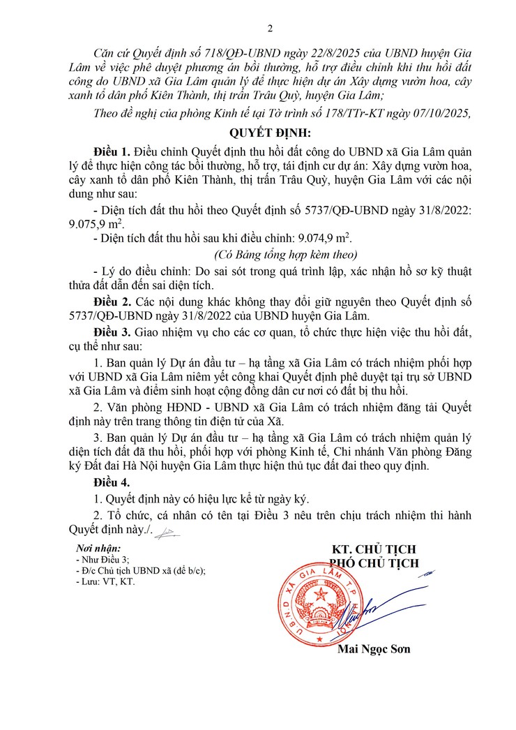 Thông báo công khai Quyết định về việc điều chỉnh thu hồi đất công do UBND xã Gia Lâm quản lý để thực hiện dự án Xây dựng vườn hoa cây xanh tổ dân phố Kiên Thành, thị trấn Trâu Quỳ, huyện Gia Lâm- Ảnh 2.